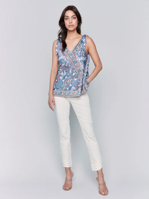 Printed Tie-Shoulder Satin Top