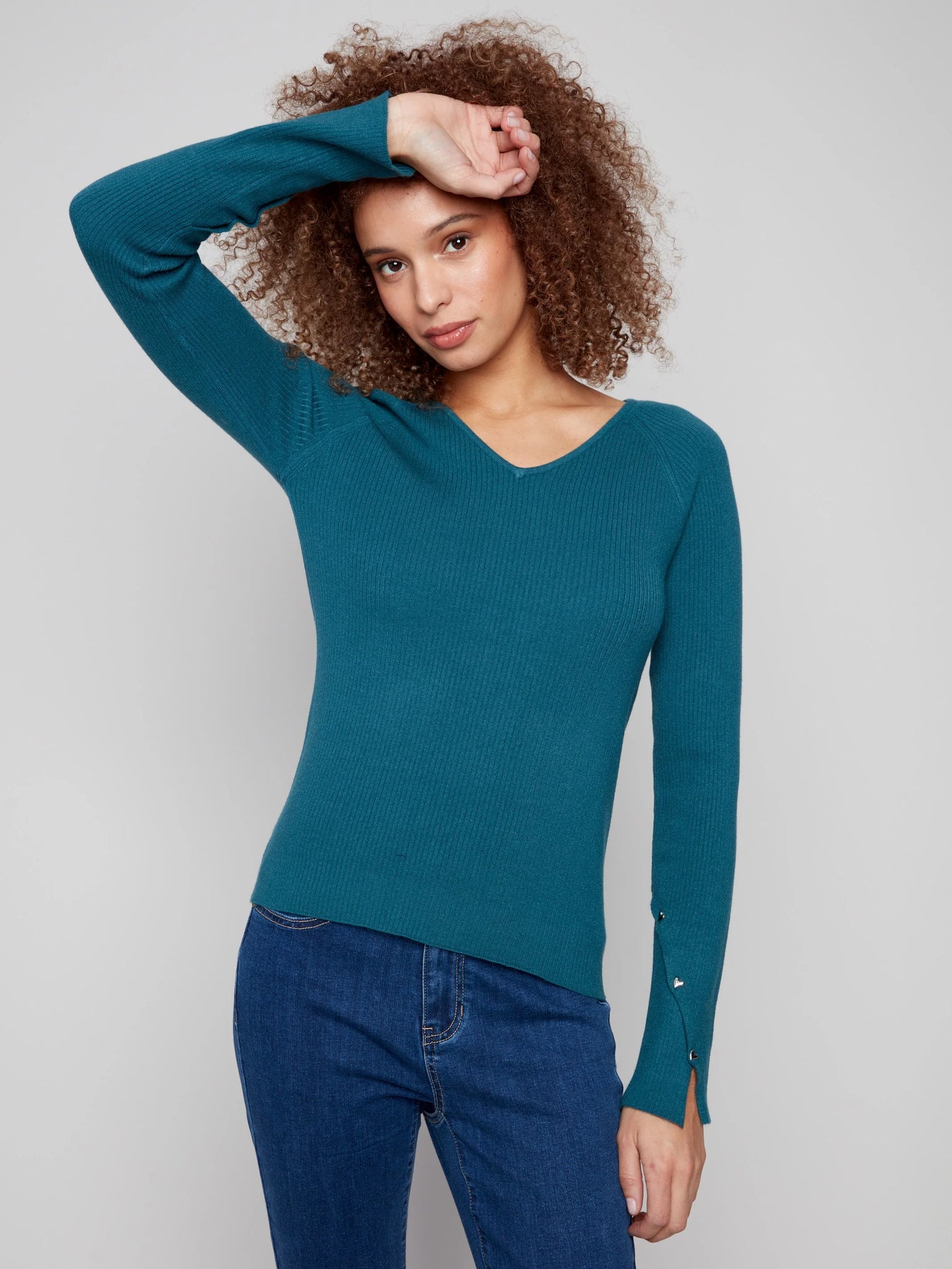 Ribbed V-Neck Sweater With Heart Rivets