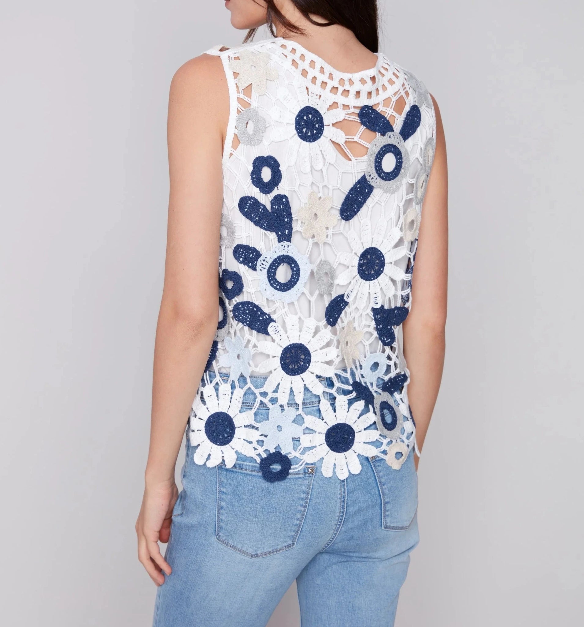 Sleeveless Crochet Top with Floral Pattern - Celadon