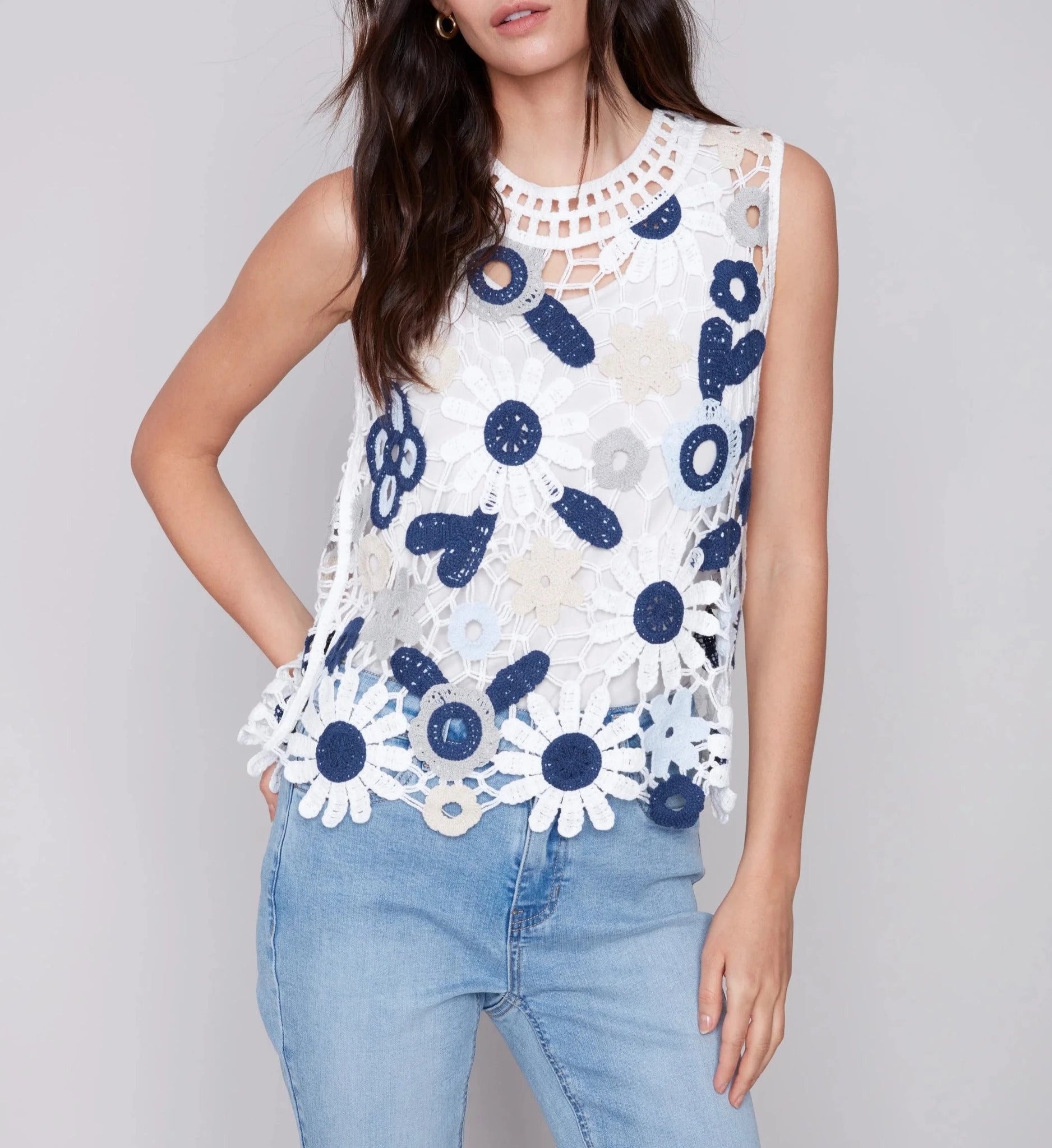 Sleeveless Crochet Top with Floral Pattern - Celadon