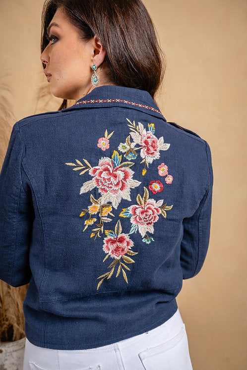 Slub Linen Blend Embroidered Moto Jacket