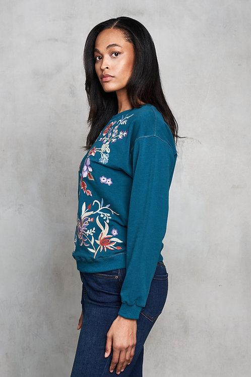 French Terry Multi-Floral Embroidered Top