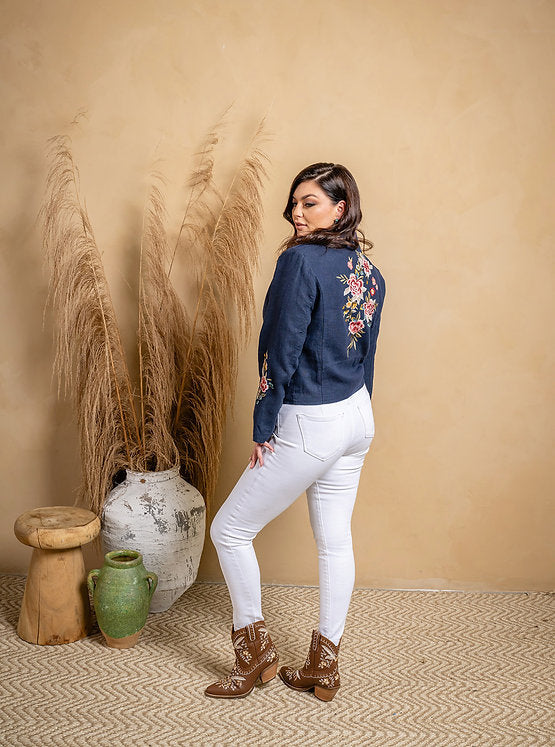 Slub Linen Blend Embroidered Moto Jacket