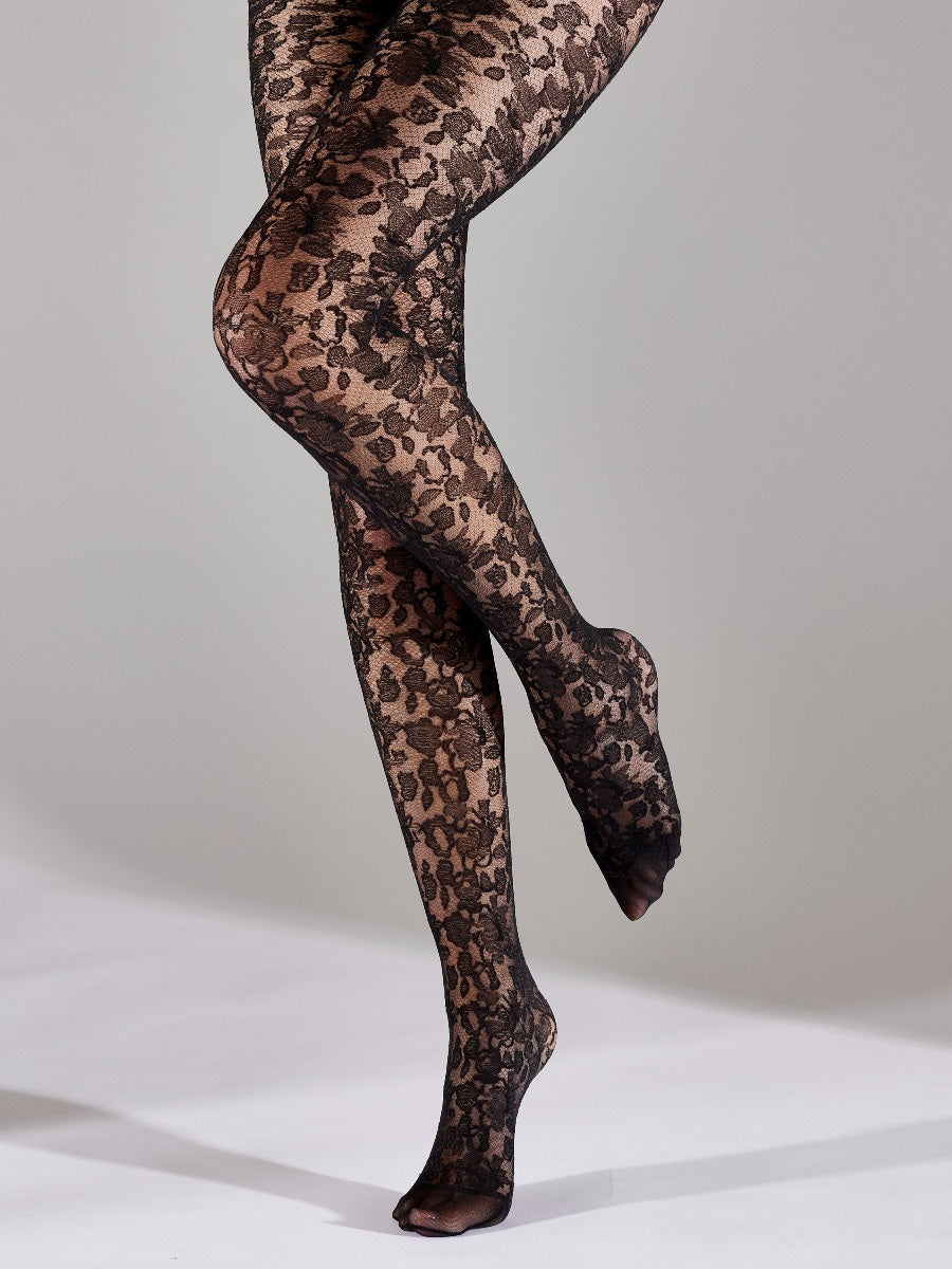 FLORAL LACE PATTERN TIGHTS - BLACK