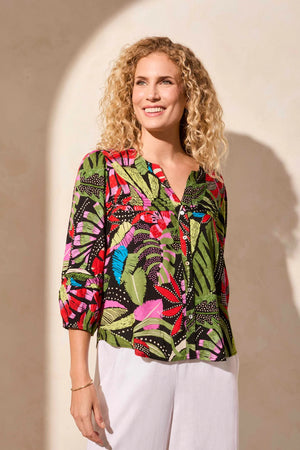 3/4 Sleeve Button-Front Blouse With Pleats