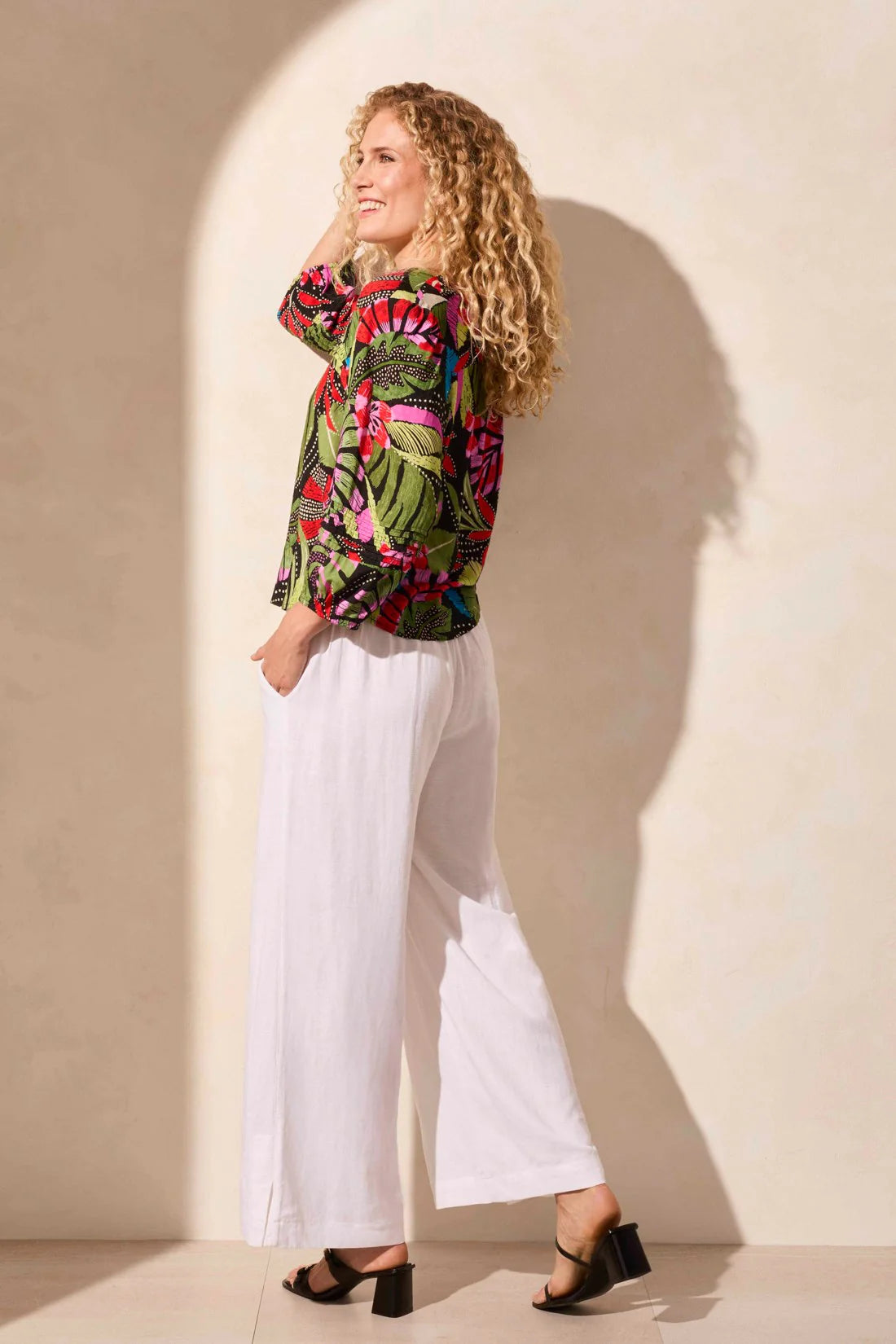 3/4 Sleeve Button-Front Blouse With Pleats