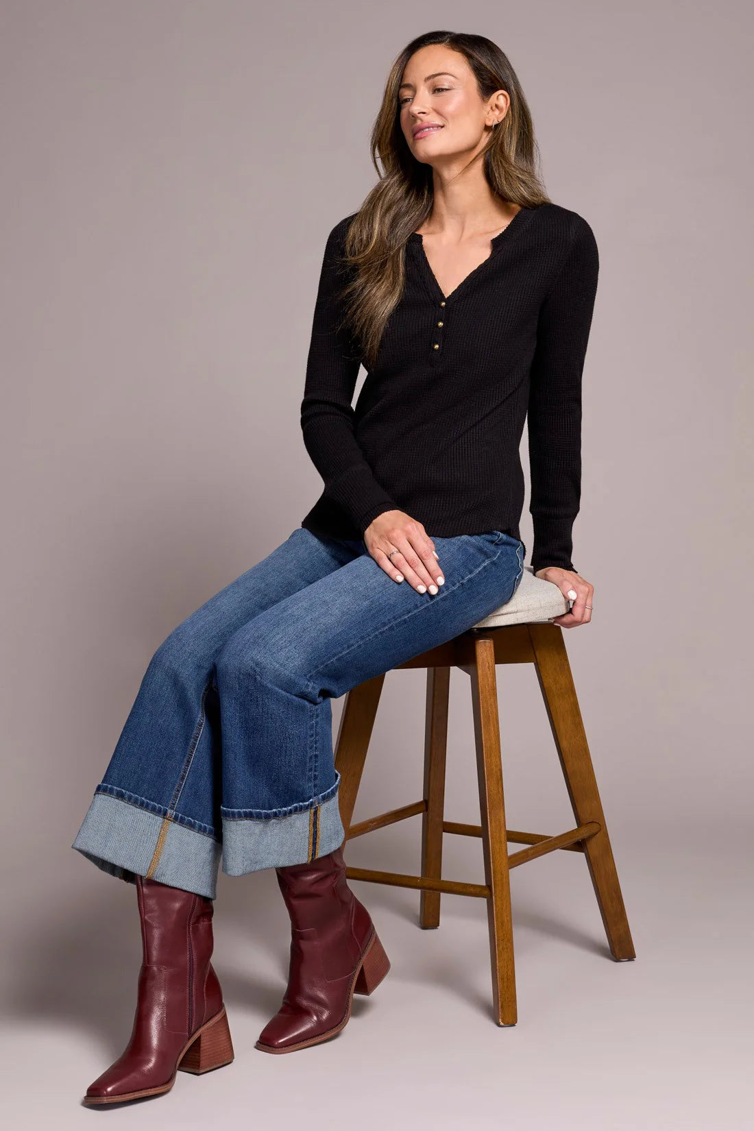 Brushed Waffle Knit Henley Long Sleeve Top