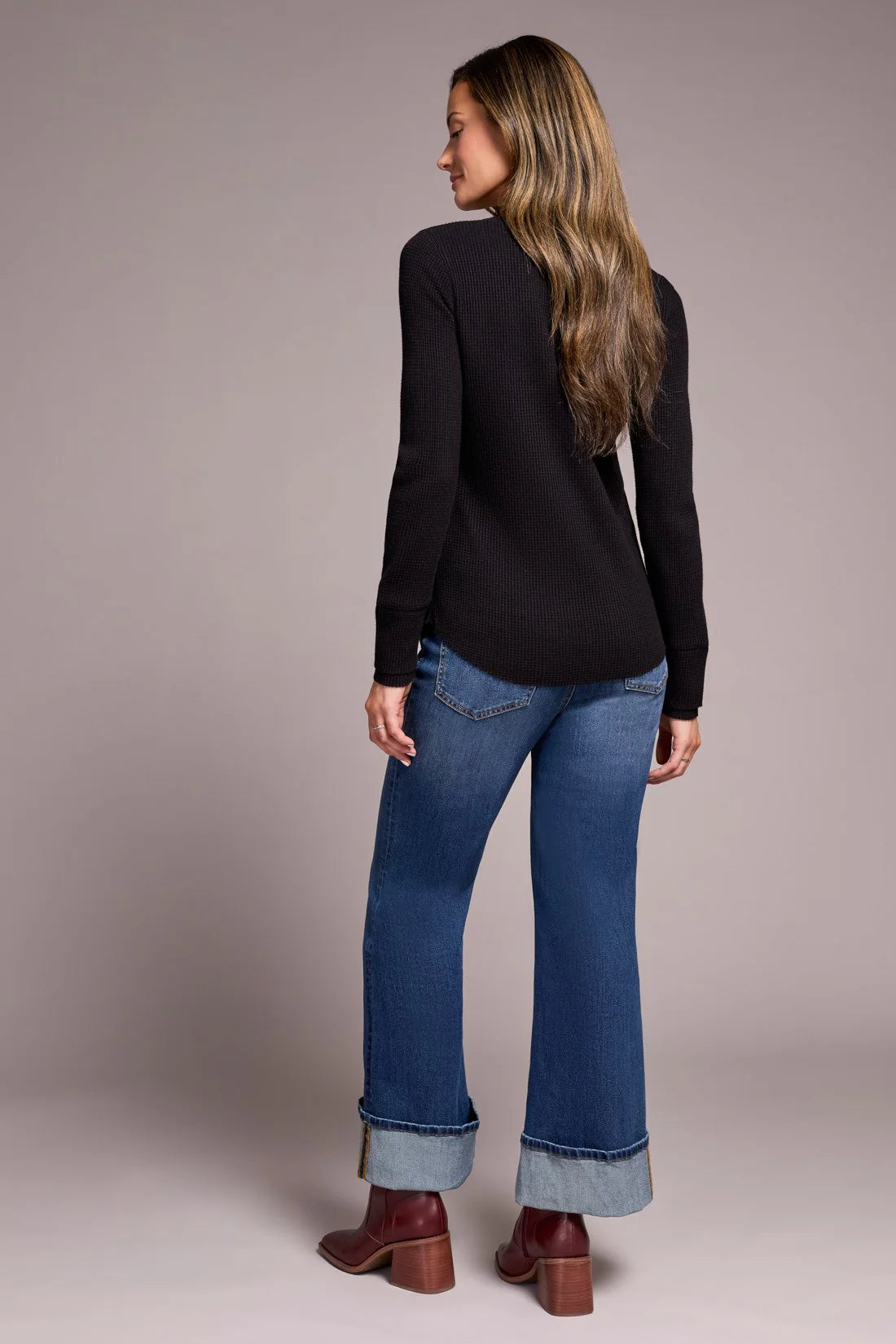 Brushed Waffle Knit Henley Long Sleeve Top