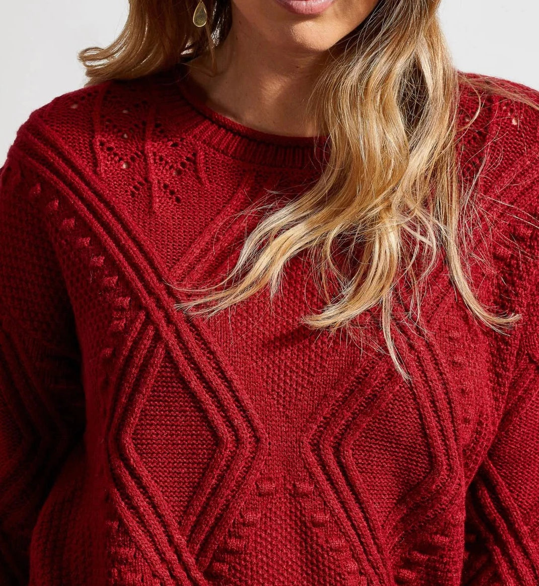 Cable Knit Crew Neck Sweater | Earth Red