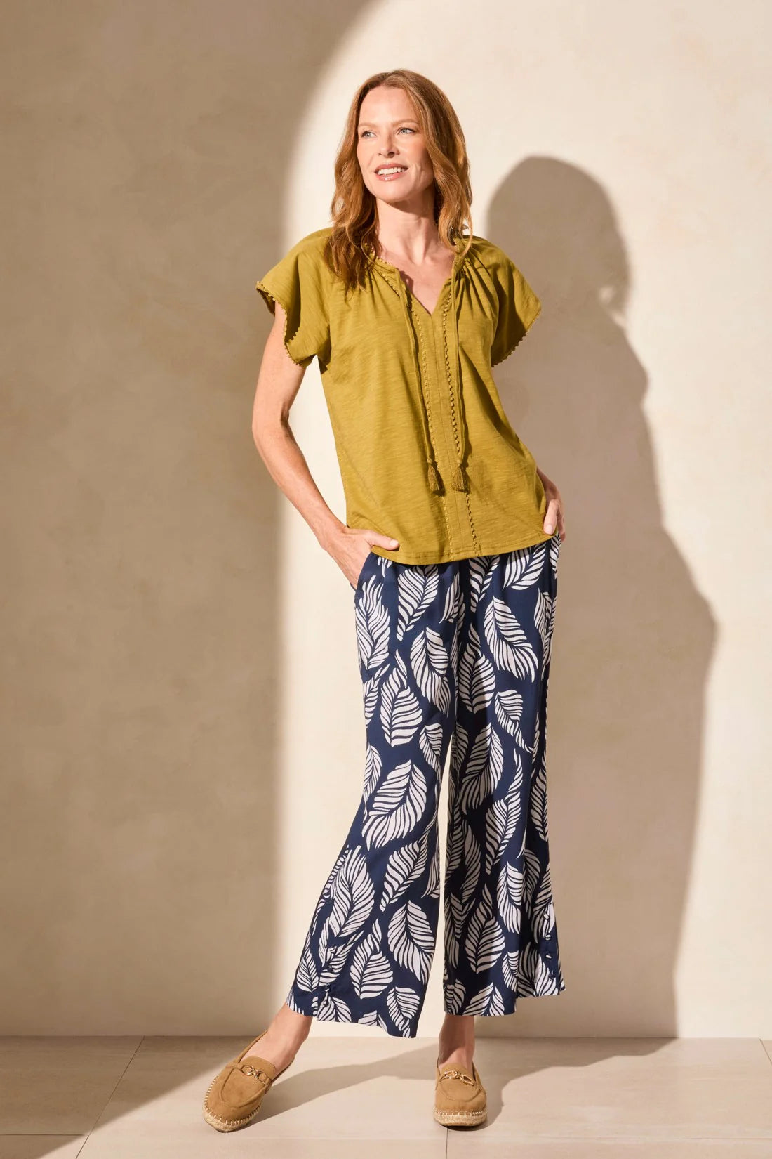 Cotton Slub Knit Short-Sleeve Notch Neck Top