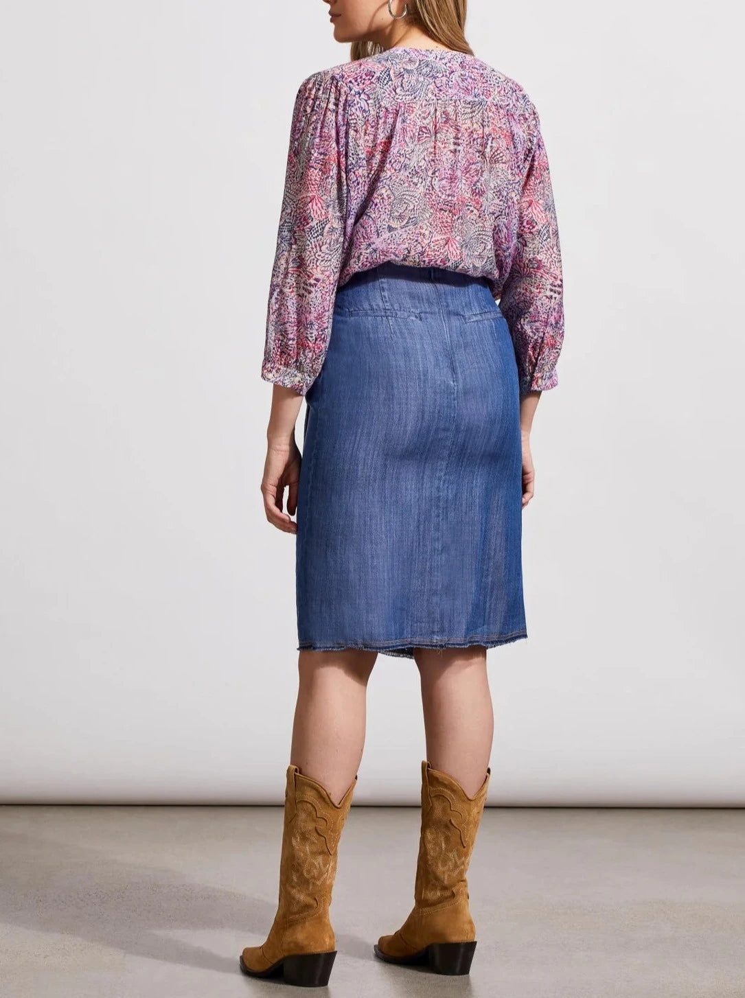 Faux Wrap Knee Length Tencel Skirt | Dk. Chambray