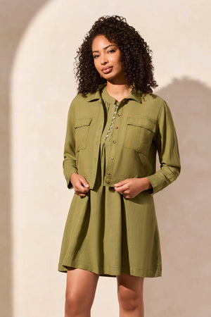 Linen Blend Button-Front Jacket With Chest Pockets