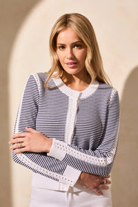 Long Sleeve Pointelle Trim Cotton Cardigan