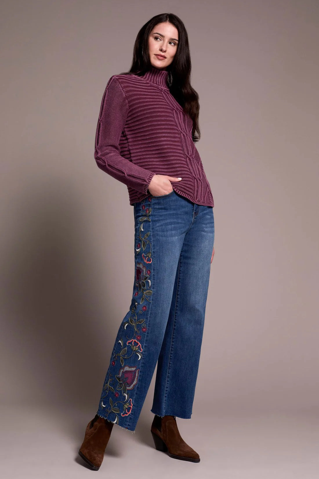 Vintage Washed Cable Knit Mock Neck Sweater