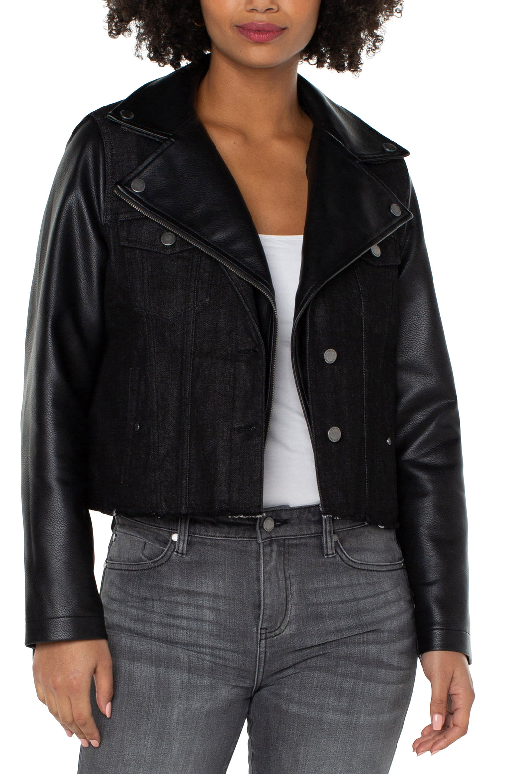 Faux Leather & Denim Moto Jacket | Black