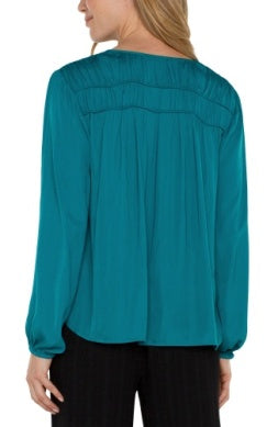 Long Sleeve V-Neck Woven Blouse w/ Shirring