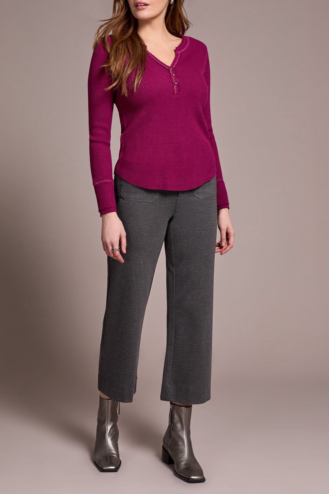 Brushed Waffle Knit Henley Long Sleeve Top