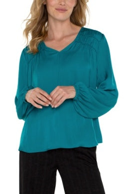 Long Sleeve V-Neck Woven Blouse w/ Shirring