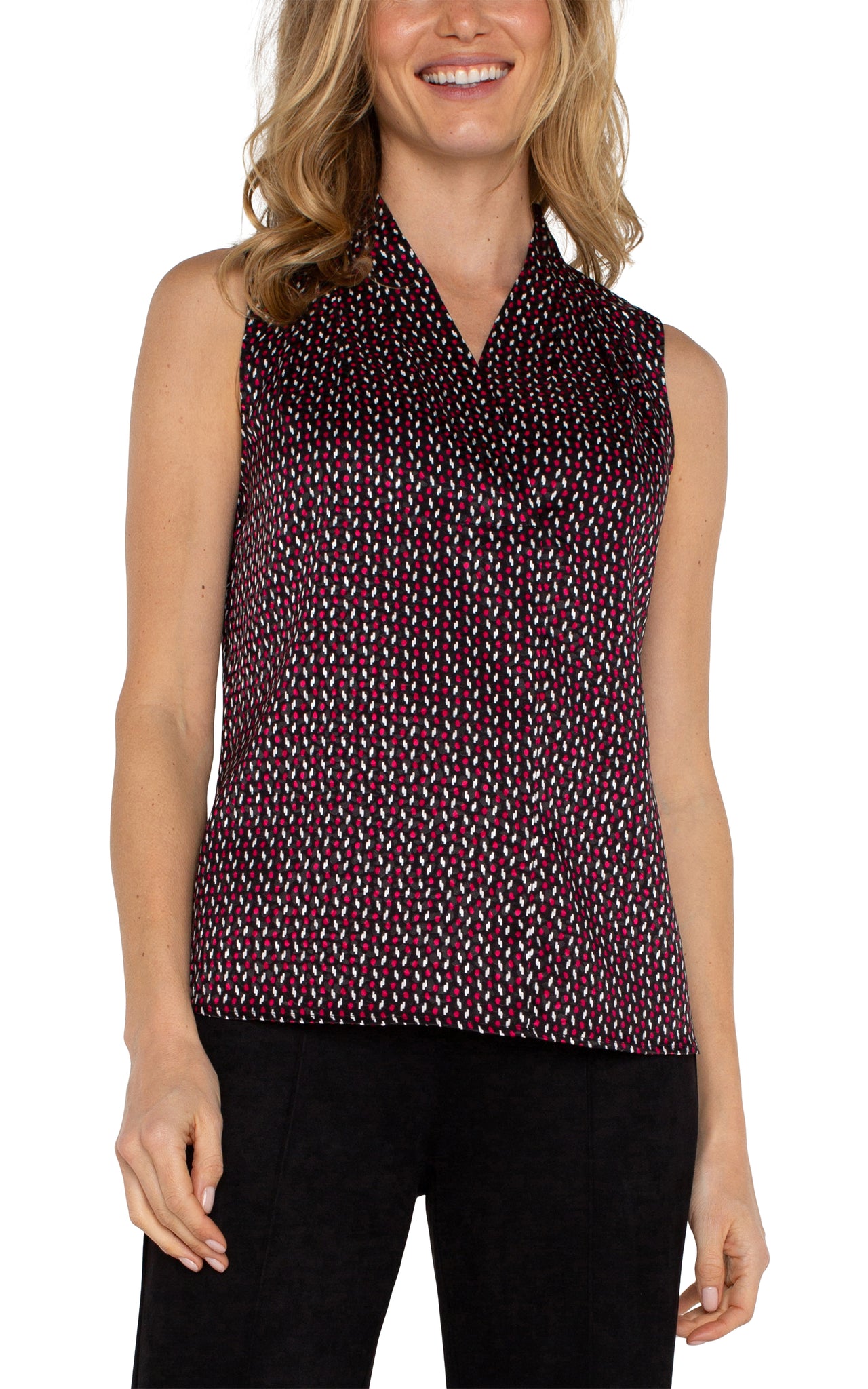 Sleeveless Pleated Neck Woven Blouse