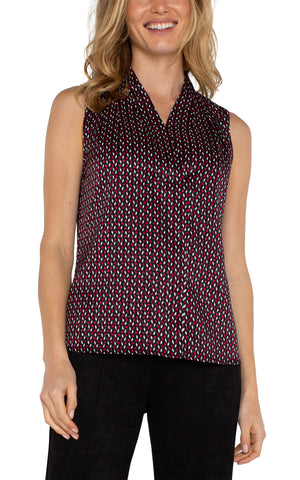 Sleeveless Pleated Neck Woven Blouse