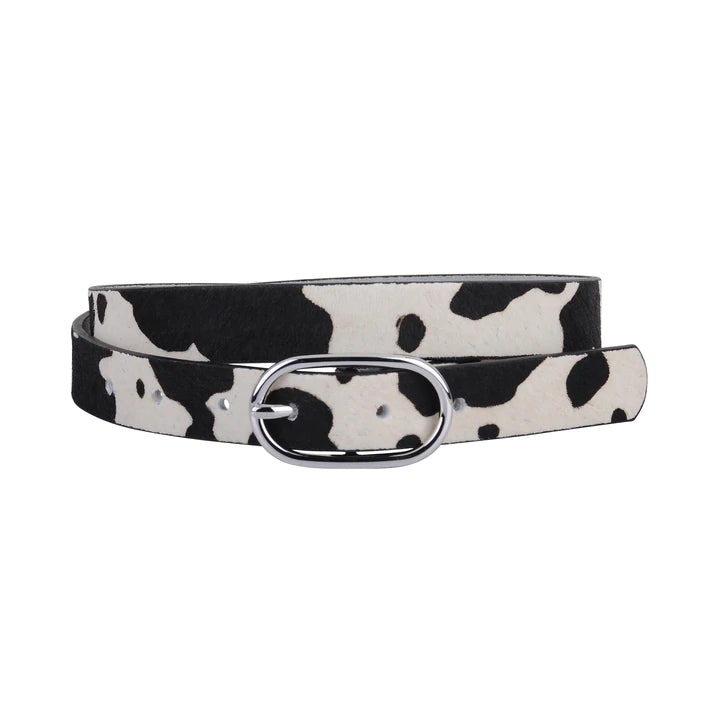 Cow Print Calf Hair Silver Buckle Leather Belt