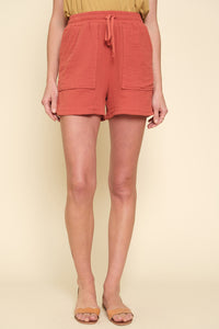 Linen Blend Short - Drawstring Waist in Burnt Coral