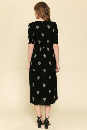 Slit Front Embroidery Dress - Black