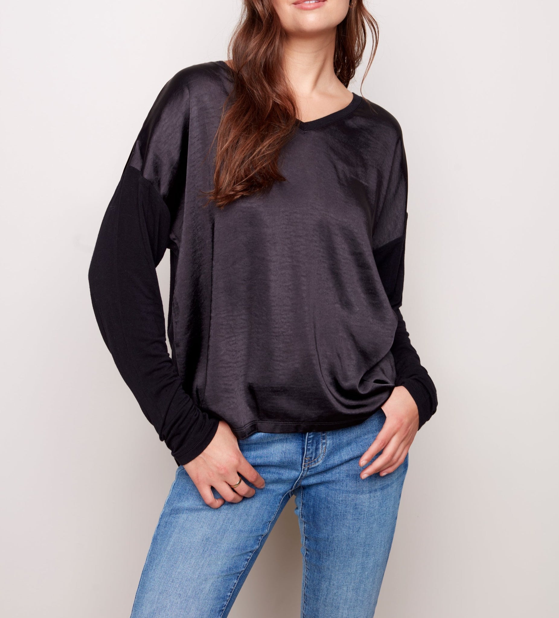 Satin Jersey Knit Top | Black