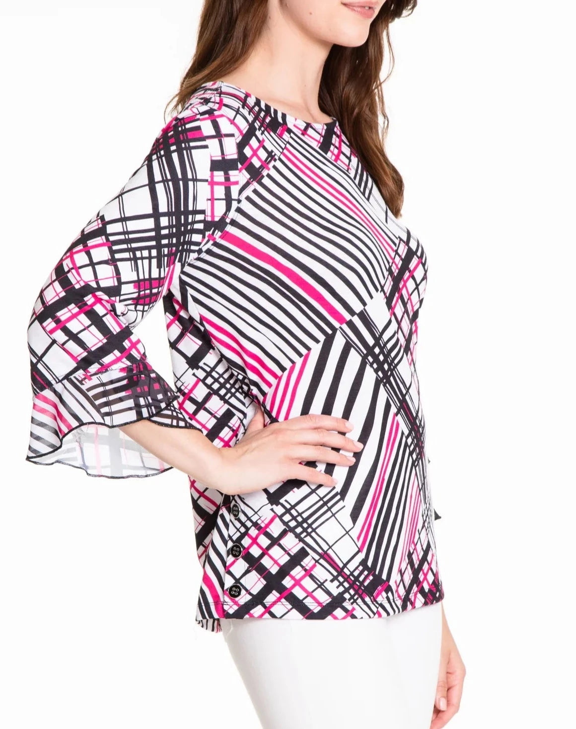 Print Flounce Sleeve Top | Pink White 