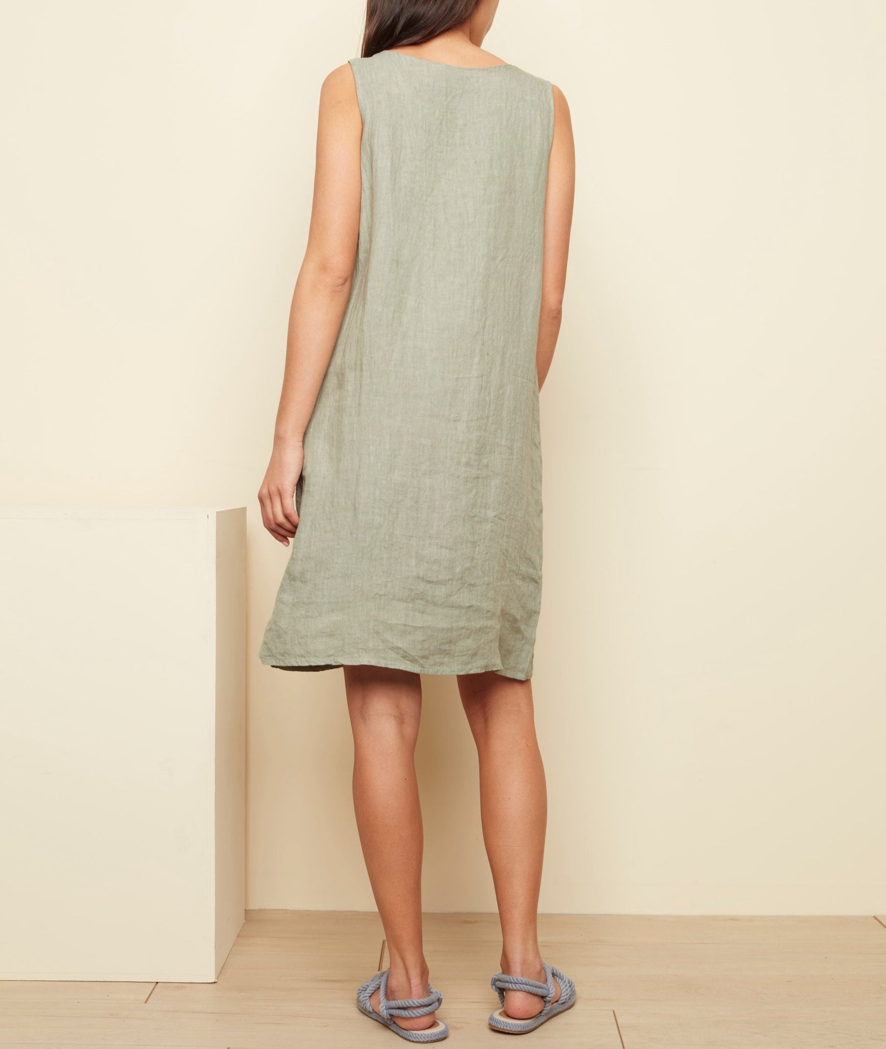 Sleeveless Linen V-Neck Dress | Celadon