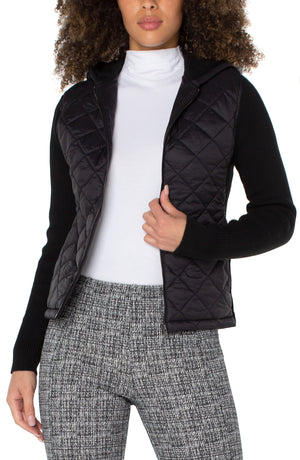  Quilted front full zip hooded sweater | Black