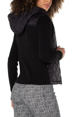  Quilted front full zip hooded sweater | Black